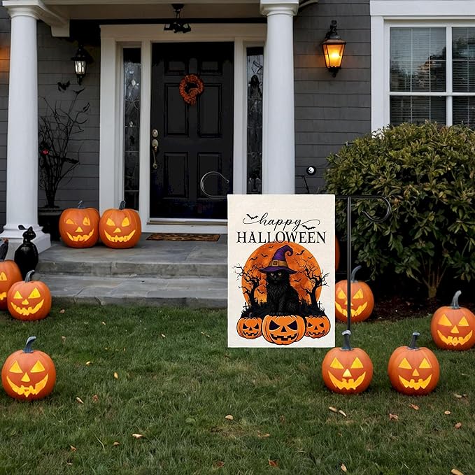 Happy Halloween Garden Flag for Outside, 12x18 Inch Double Sided Halloween Black Cat Witches Hat Pumpkin Bats Yard Flag, Farmhouse Small Yard Flags for Outdoor Decorations, Holiday Decor Gifts-A06