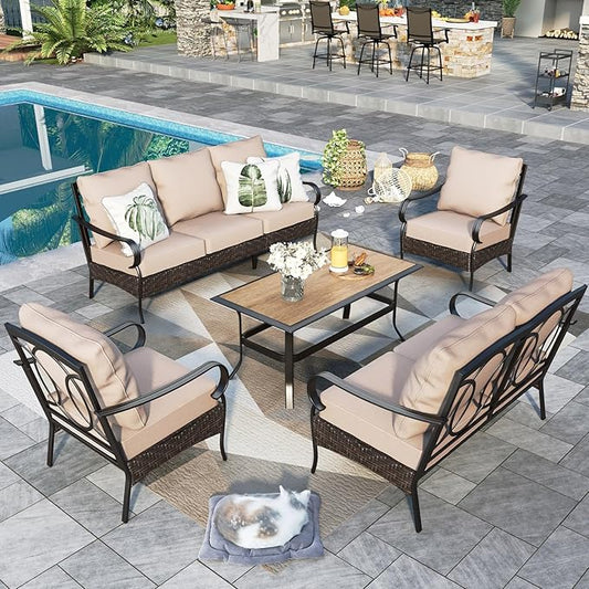 Sophia & William Patio Furniture Set, Outdoor Metal Conversation Set 7 Seats with 3-Seater Sofa, 2 Sofa Chairs, 1 Loveseat, 1 Coffee Table for Seating, Lawn Porch Backyard,Beige