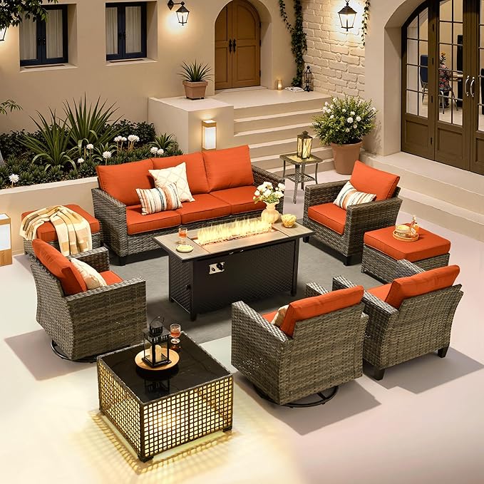 ovios 10 Pieces Patio Furniture Set with Swivel Chairs Rocking Gliders, 54" Fire Pit Table, Outdoor Sofa Couch with Solar Lights Table, Modern Deep Seat Wicker Rattan Conversation Set, Orange Red