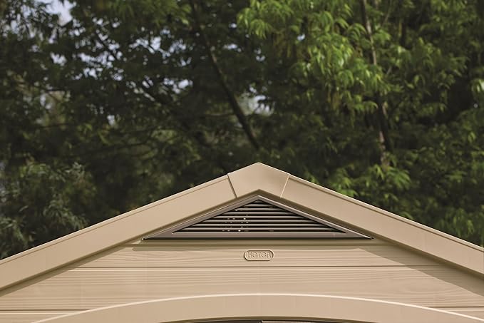 Keter Factor 8x8 Foot Large Resin Outdoor Shed with Floor for Patio Furniture, Lawn Mower, and Bike Storage, Taupe & Brown