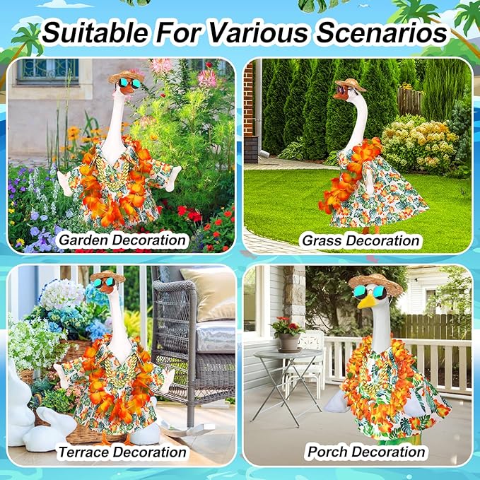 5Pcs Porch Goose Outfits Summer Hawaiian 23" Yard Garden Lawn Goose Clothes with Wreath Straw Hat Glasses Necklace Funny Porch Goose costume Set for 23" Plastic Cement Goose Statue Outdoor Decoration