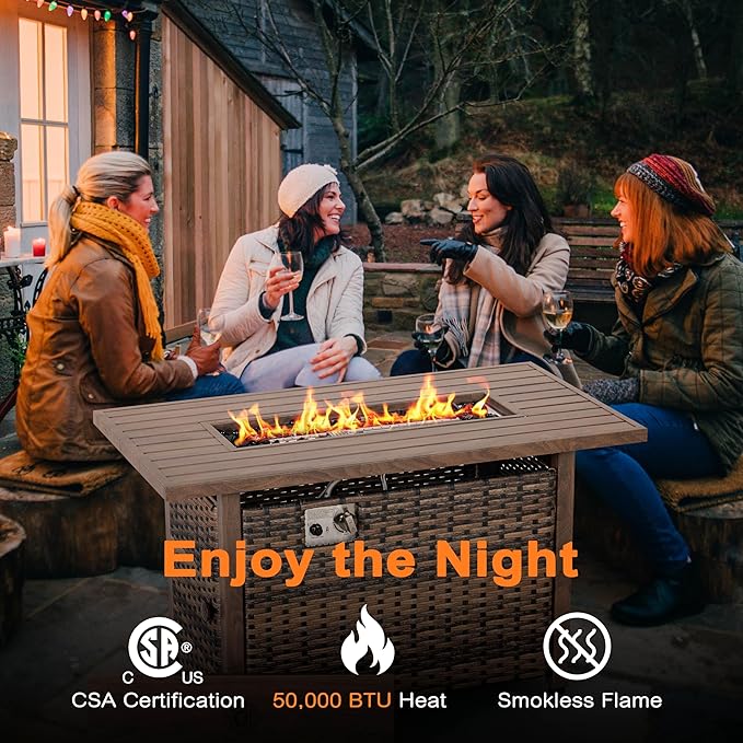 Nuu Garden 43 Inch Propane Fire Pit Table CSA Listed 50000 BTU Gas Fire Pit with Lid Glass Wind Guard Fire Glass Beads 2 in 1 Rectangular Outdoor Fire Table for Backyard Patio Brown