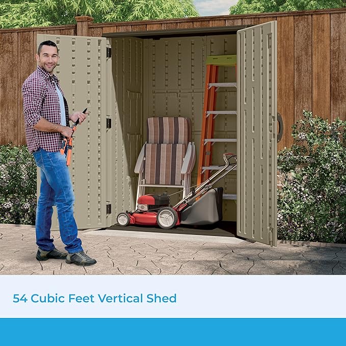 Suncast 54 Cubic Feet Vertical Storage Shed with Durable Plastic Construction, Multiple Wall Panels and Ample Space for Outdoor Storage