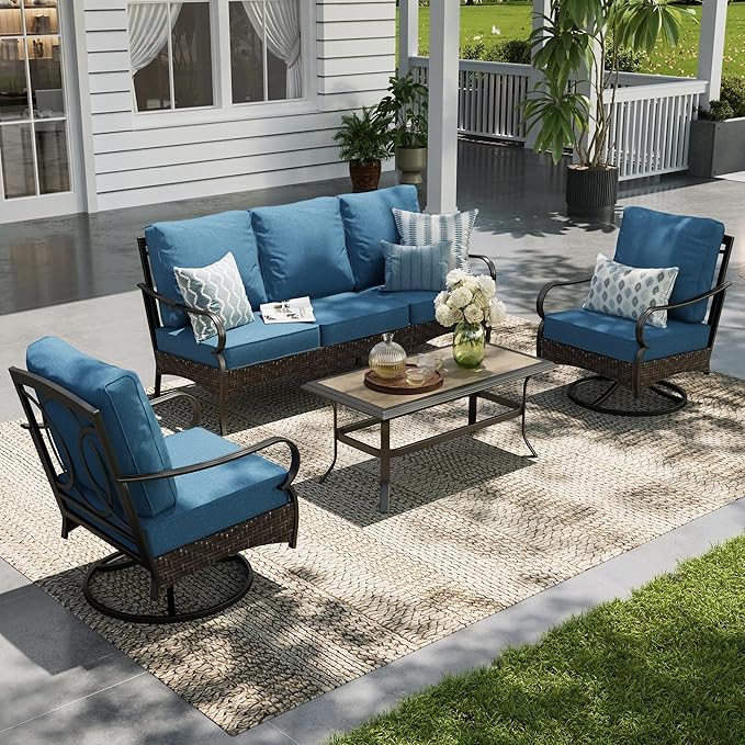 Sophia & William Patio Furniture Set, 4 Piece Metal Outdoor Conversation Set with 3-Seater Outdoor Couch, 2 Swivel Chairs, 1 Coffee Table for Outdoor Seating, Backyard, Porch(Navy Blue)