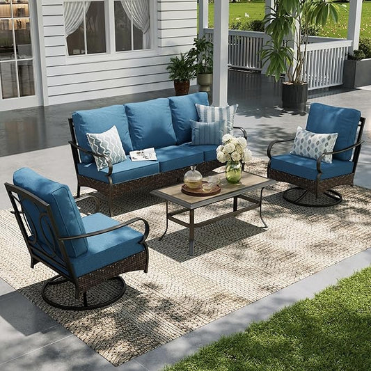 Sophia & William Patio Furniture Set, 4 Piece Metal Outdoor Conversation Set with 3-Seater Outdoor Couch, 2 Swivel Chairs, 1 Coffee Table for Outdoor Seating, Backyard, Porch(Navy Blue)