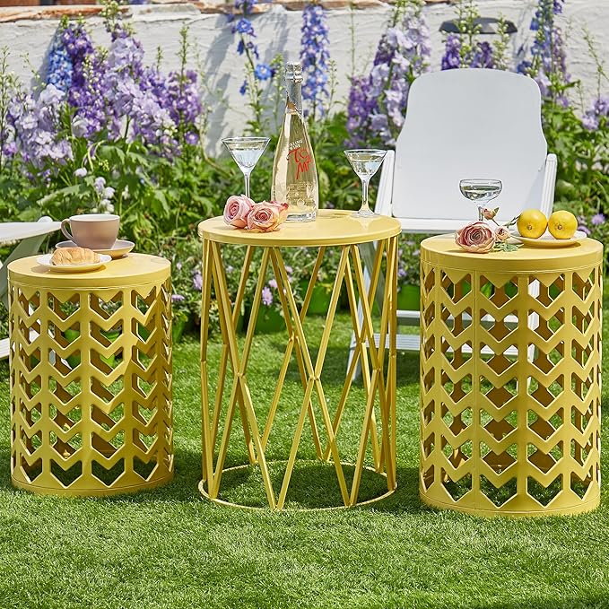 Y&M Set of 3 Nesting Metal Round Coffee Table, Side Table End Table for Indoor Outdoor Multifunctional Use,Heavy Duty Metal Plant Stand Decorative Garden Stool- Yellow(Ship from US)