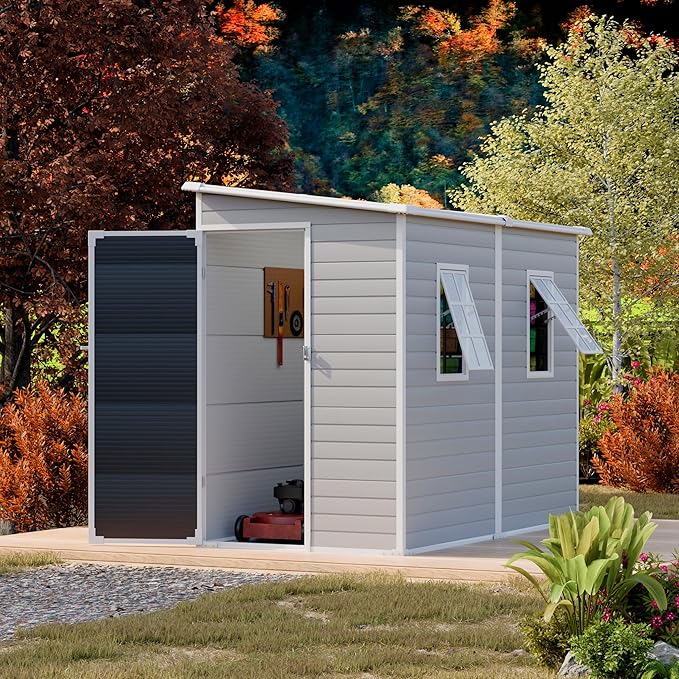 Restland 8x4 FT Resin Storage Shed with Floor & Adjustable Window Outdoor Weather-Resistant Plastic Sheds for Backyard, Garden, Lawn (Light Grey)