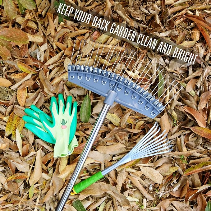 Thatch Rake Adjustable 17"-63", Efficient Metal Leaf Rakes, Wide with 24 Durable Steel Tines, Lightweight Garden Thatching Rakes Used for Mulch ,Leaves, Debris, Pine Needles, Shrub, Gravel
