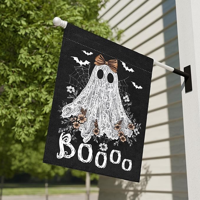 Boo Halloween Garden Flag for Outside, 12x18 Inch Double Sided Halloween Pumpkin Ghost Spider Web Bats Yard Flag, Farmhouse Small Yard Flags for Outdoor Decorations, Holiday Decor Gifts-A11