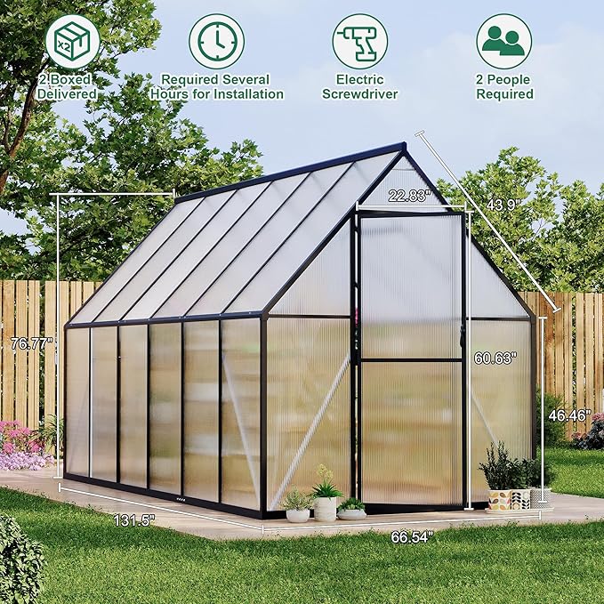 Aluminum Polycarbonate Greenhouse for Outdoors, Large Walk-InGreenhouse With Quick Setup Structure and Roof Vent, Greenhouse With Ventilation