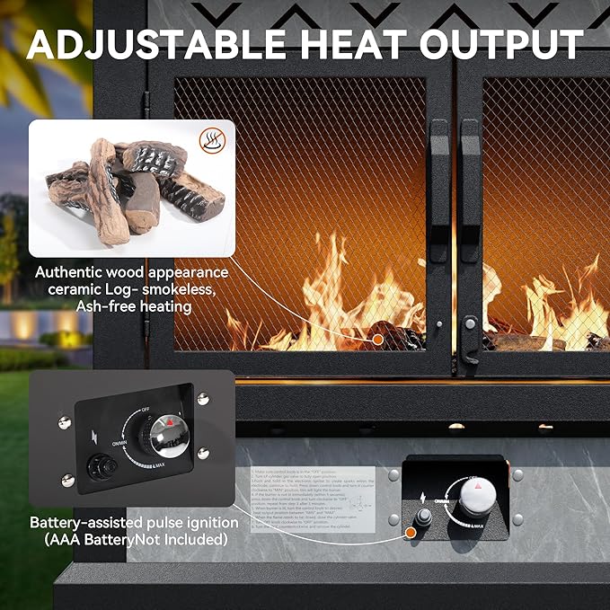 35" Outdoor Propane Fireplace with Tank Storage, 50,000 BTU Outdoor Gas Fire Pit with CSA Certified, Dust Cover, Smokeless Ceramic Wood, Adjustable Flame for Patio, Garden, Deck, Grey