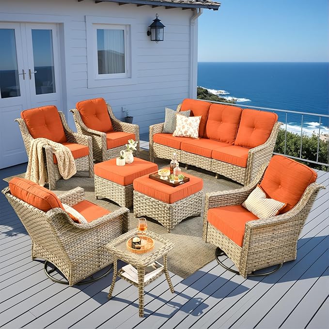 8 Pieces Patio Outdoor Furniture Set with Swivel Rocking Chairs,All Weather Wicker Rattan Patio Seating Sofa and Chair Set w/Ottoman,Outdoor Conversation Sets for Deck Yard Garden,Orange Red