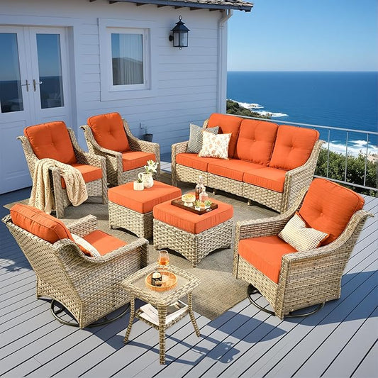 8 Pieces Patio Outdoor Furniture Set with Swivel Rocking Chairs,All Weather Wicker Rattan Patio Seating Sofa and Chair Set w/Ottoman,Outdoor Conversation Sets for Deck Yard Garden,Orange Red