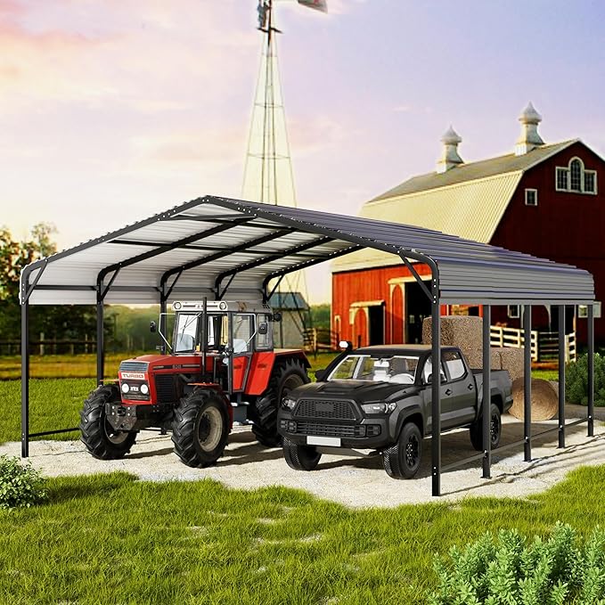 20x20 FT Metal Carport with Heavy Duty Carport Canopy, Car Port with Reinforced Base and Five Canopy Beams, Car Garage Shelter for Car, Boats and Truck