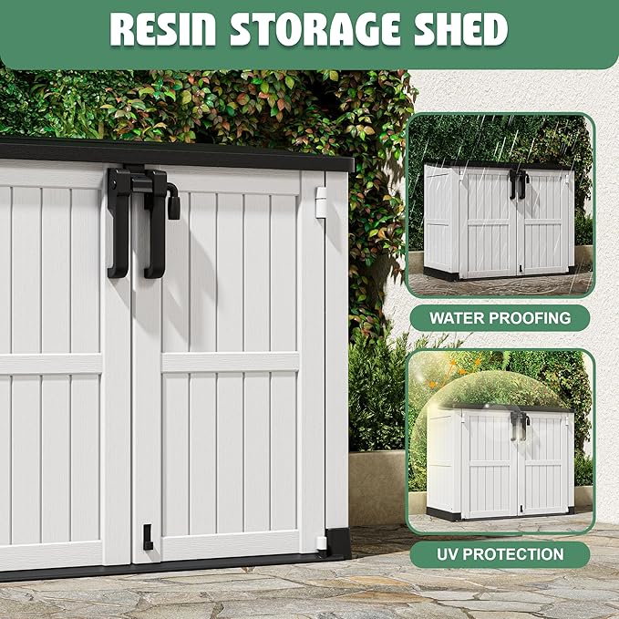 Horizontal Resin Storage Shed 36 Cu Ft with Lockable Doors, Portable Outdoor Storage Cabinet -Easy to Assemble,Sheds & Outdoor Storage, Waterproof Outdoor Storage Box for Backyards