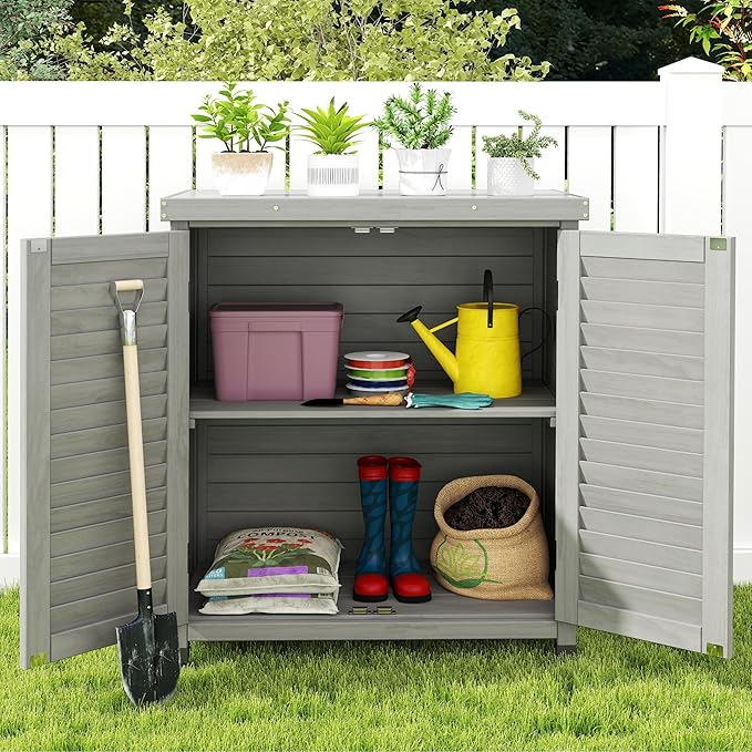 Outdoor Wooden Storage Cabinet Furniture Waterproof Tool Shed with Potting Benches Work Station for Garden Patio
