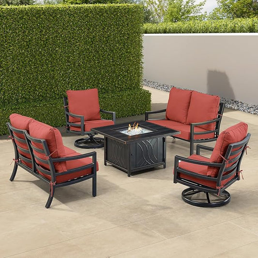 Oakland Living Black Aluminum Patio Fire Table Set with Two Deep Seating Loveseat with Cushions and Two Club Chairs with Red Cushions