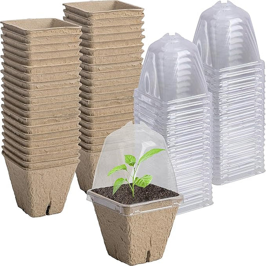 PURPLE STAR 40pc Seeding Starter Pots - 2.3in Square Biodegradable Peat Pots with Humidity Dome - For Garden Vegetable & Flower Germination