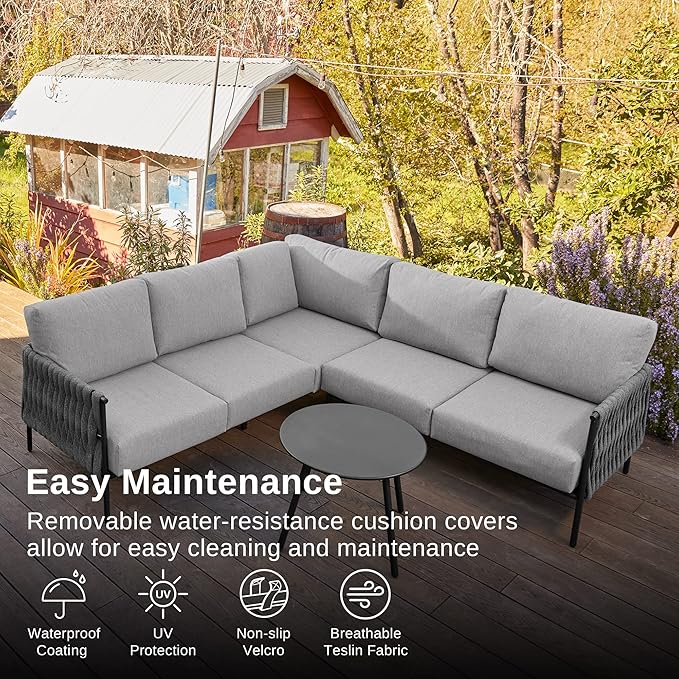 EAST OAK Life Chatter 5-Piece Patio Furniture Set, Outdoor Corner Sofa with Round Coffee Table, Deep Seating with Thick Washable Cushions, Grey