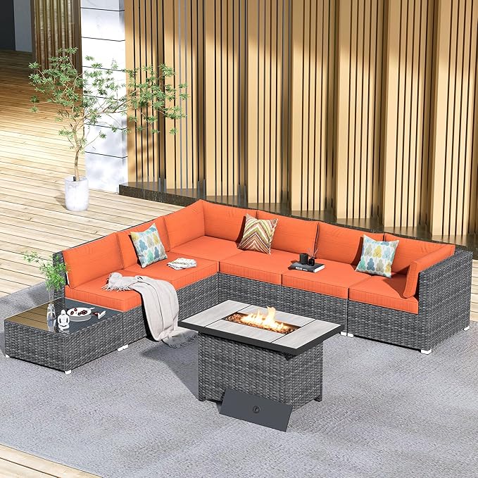 HOOOWOOO 8 Piece Patio Sectional Furniture Set with Fire Pit Table,Modern Wicker Outdoor Conversation Sofa Sets,Weather Resistant Modular L Shaped Outside Couch Set(Orange Red)