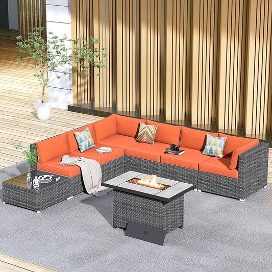 HOOOWOOO 8 Piece Patio Sectional Furniture Set with Fire Pit Table,Modern Wicker Outdoor Conversation Sofa Sets,Weather Resistant Modular L Shaped Outside Couch Set(Orange Red)