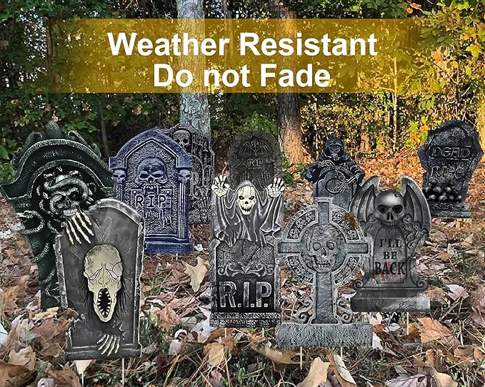 GameXcel 10PCS Halloween Tombstone Decorations Gravestone Decor for Graveyard Headstone Yard Signs Outdoor Lawn Yard Garden Decorations Halloween Yard Stakes