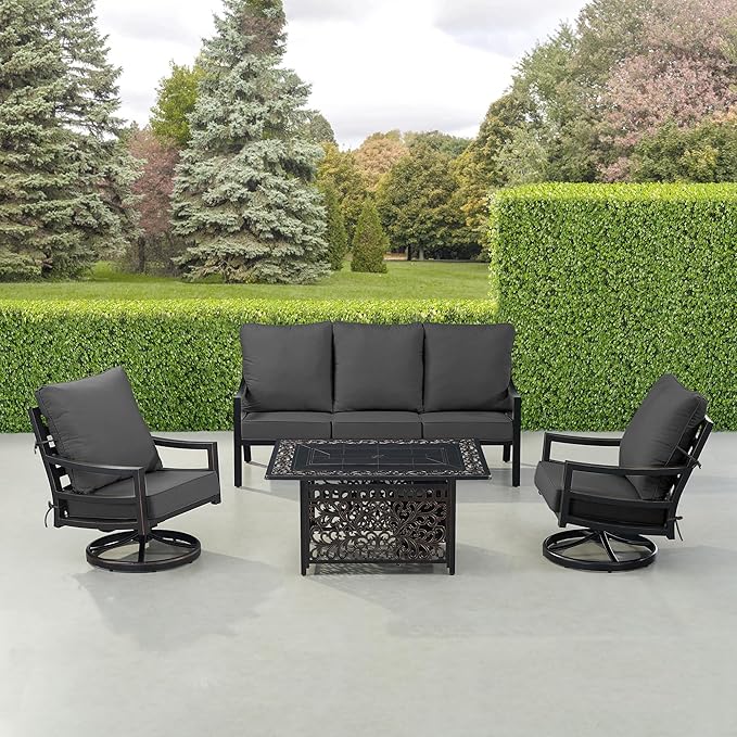 Oakland Living Black Aluminum Patio Fire Table Set with Deep Seating Sofa with Cushions and Two Club Chairs with Black Cushions