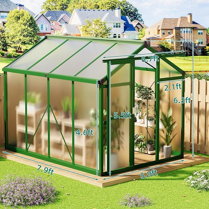 Garvee 6x8 FT Greenhouse - Aluminum Greenhouses for Outdoors, Large Polycarbonate Greenhouse with Roof Vent, Heavy Duty Walk-in Green Houses for Outside Garden, Backyard, Patio, Lawn, Easy Assembly
