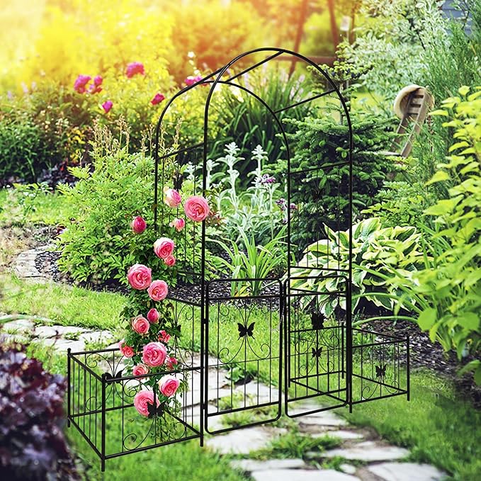 Metal Garden Arch with Gate and 2 Plant Stands, Garden Arch Trellis for Climbing Plants Outdoor, Garden Arbor for Weddings Party Events Decoration, 79.5" L X 20" W X 86.6" H, Black