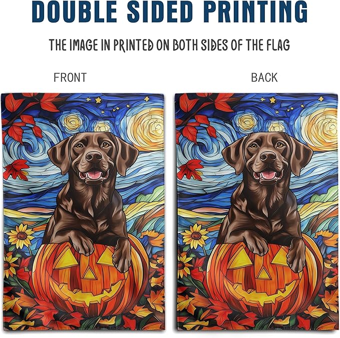 Stained Glass Chocolate Lab Fall Garden Flag Halloween Pumpkin Yard Signs Autumn Sunflower Thanksgiving Banner for Outside 12x18 Double Sided Small Labrador Dog Outdoor Decorative