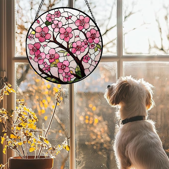 Stained Glass Window Hanging - Cherry Blossoms Birth Flower Suncatcher for Door Garden Patio Sun Catchers Decor Christmas Mother's Day Birthday Gifts for Women Mom Nana Friend Wife 15 in