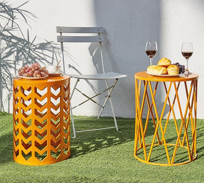 HFHOME Set of 3 Metal Side End Tables Nightstand, Nesting Round Coffee Table for Indoor Outdoor, Heavy Duty Metal Plant Stand Living Room Garden Stool - Orange