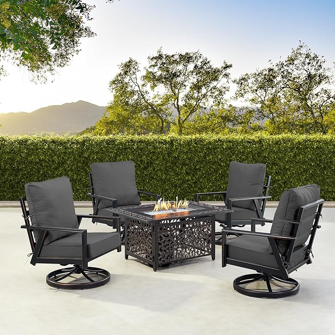 Oakland Living Black Aluminum Patio Fire Table Set with Four Club Chairs with Black Cushions
