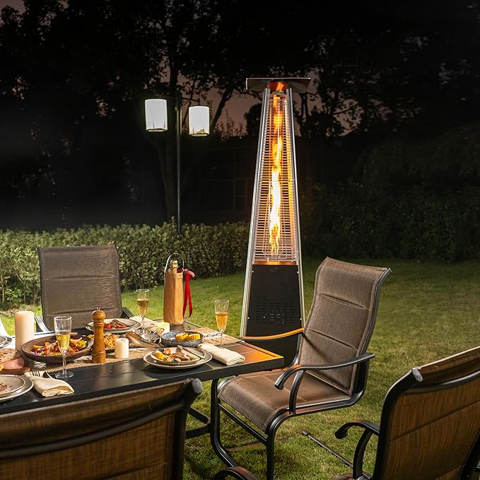 Nuu Garden Outdoor Propane Patio Heater, 48,000 BTU Pyramid Outdoor Heater with Wheels, Hammered Bronze Tower Portable Heater with Quartz Glass Tube, Black