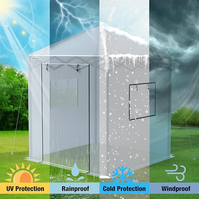 WORKPRO Greenhouse, 94”x 94”x 99” Pop-up Greenhouse for Outdoors , Heavy Duty Gardening House with Sturdy PE Cover, Roll-up Entry Doors and 2 Screen Windows, for Patio, Backyard, Balcony