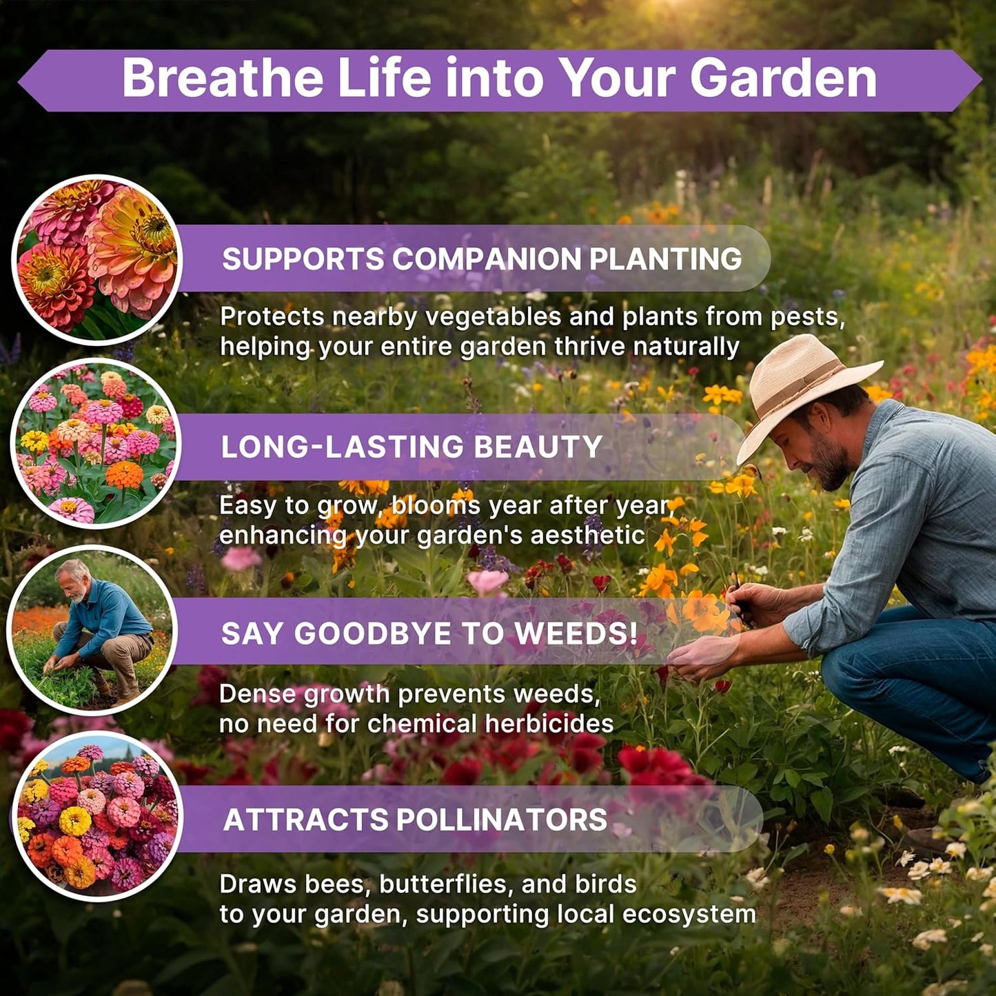 Zinnia Seeds Pack 4 oz - Over 15,300 Non-GMO Heirloom Zinnia Seeds for Planting, Annual Flowers in Individual Seed Packet for Planting Home Garden Indoor & Outdoor Gardening