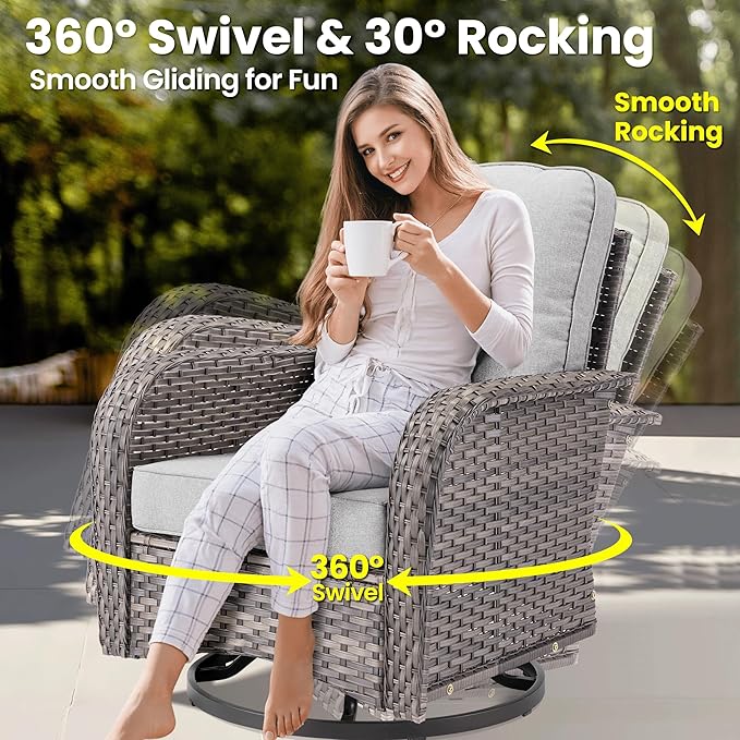 ovios 7 Pieces Patio Furniture Set, Outdoor Wicker Sofa Couch with Rocking Swivel Chairs Fire Pit Table, Modern Deep Seat Rattan Conversation Sets for Porch Deck, Grey