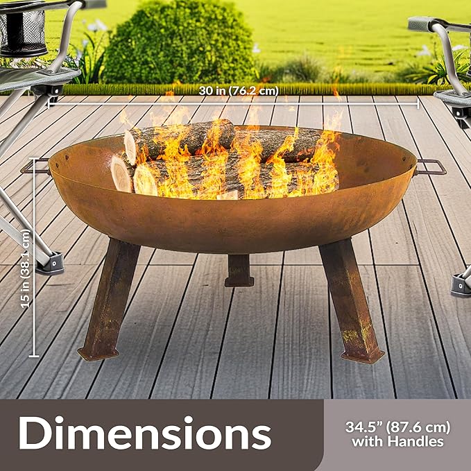 Sunnydaze 30-Inch Cast Iron Heavy-Duty Fire Pit for Outside - Wood-Burning Outdoor Fire Pit Bowl with Handles - Oxidized Finish