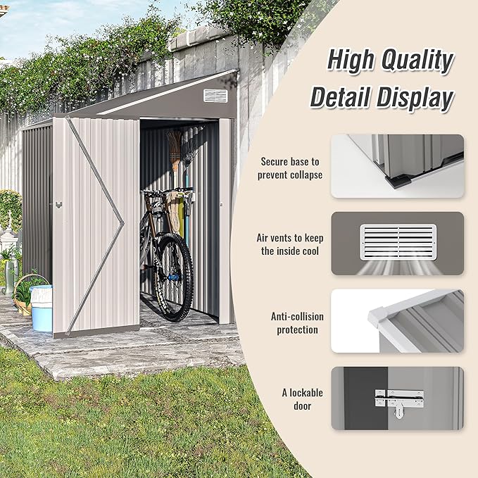 4x8 ft Lean to Shed, Outdoor Storage Shed with Lockable Door and Vents, Metal Storage Shed with 6 Vents, Outside Garden Tool Shed for Backyard, Patio, Wall Side Design (Dark Grey)