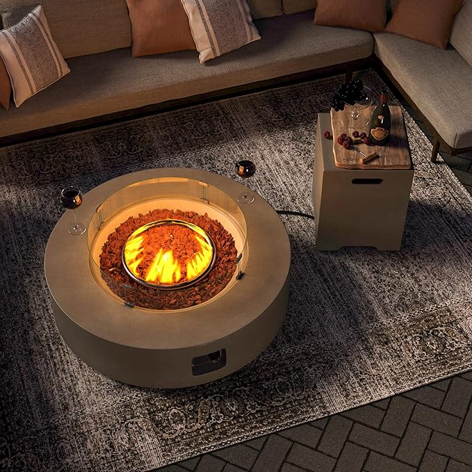 SUNBURY Outdoor Propane Fire Pit, Circular Gray Patio Fire Table 50,000 BTU w 20 Gallon Tank Cover, Glass Wind Guard, Waterproof Cover