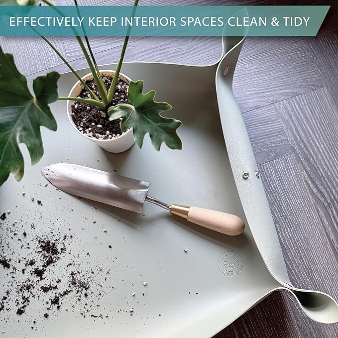 Vegan Leather Plant Repotting Mat Transplanting Mat for Indoor Gardening Waterproof Tray Mess Control Easy Clean Easy Storage 30” x 20” (Forest Sage)