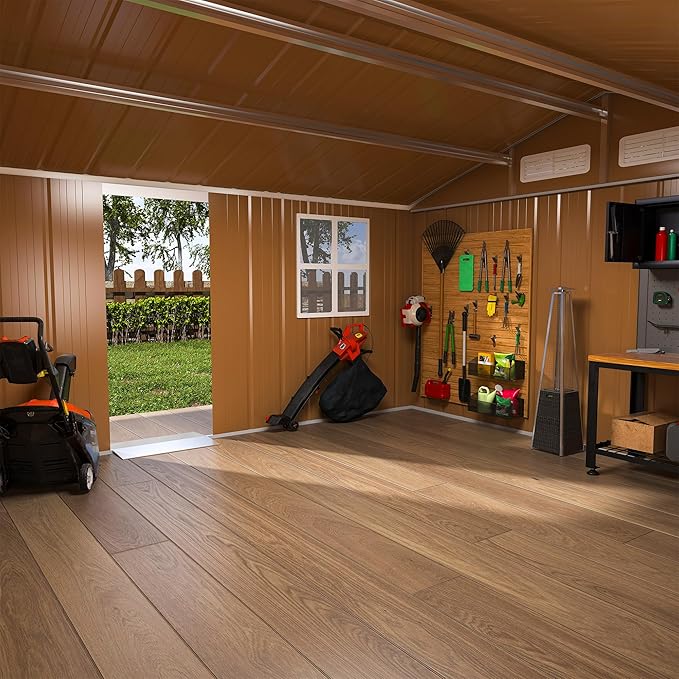 Outdoor Tool Shed 12x10 FT Heavy-Duty Metal Storage Shed with Lockable Door, Windows & Ventilation - Weather-Resistant Roof Garden Shed for Backyard, Patio, Lawn (Brown)