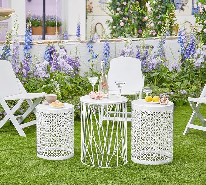 HFHOME Set of 3 Metal Side End Tables Nightstand, Nesting Round Coffee Table for Indoor Outdoor, Heavy Duty Metal Plant Stand Living Room Garden Stool - White