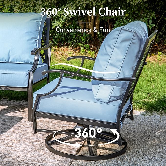 4 Piece Metal Outdoor Patio Furniture Sets with 5000 BTU Firepit Table, Patio Conversation Sets 1 3-seater Sofa, 2 Swivel Chair with 5.75" Thick Cushion, Black Backyard Furniture, Blue