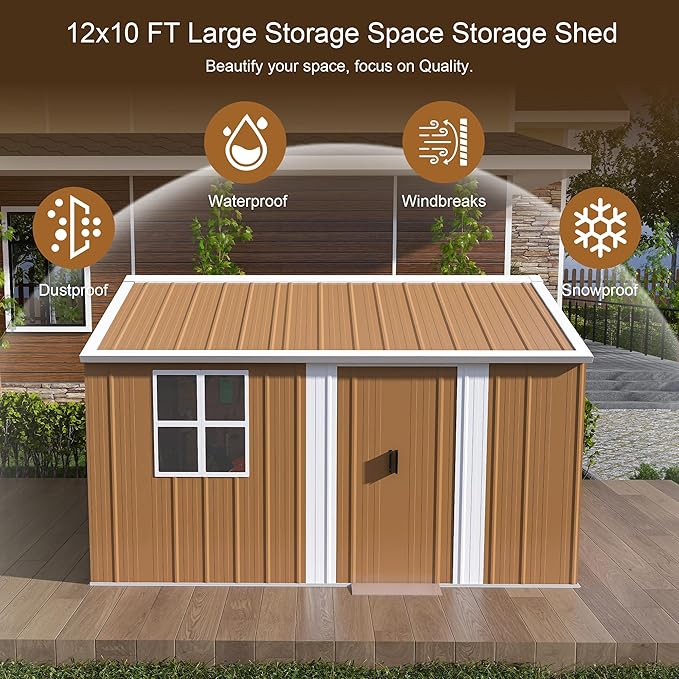 12x10 FT Outdoor Steel Storage Shed with Clear Windows, Sliding Lockable Door & Ventilation, Brown and White Weather-Resistant Metal Tool Shed for Garden, Backyard, Lawn, and Utility Storage