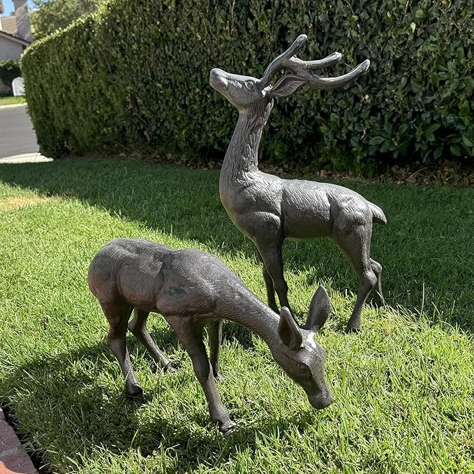 Elegant Pair of Cast Iron Deer Sculptures -22" and 11.4" Tall Male and Female Set for Outdoor Garden Decor, Realistic Animal Statues HC3672-5691