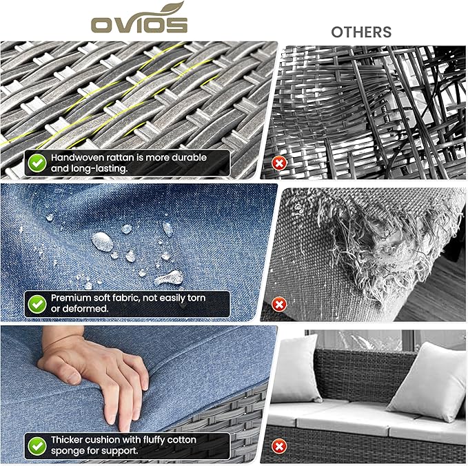 ovios 5 Pieces Patio Furniture Set, Outdoor Wicker Sofa Couch with Swivel Chairs 42" Fire Pit Table, All Weather High Back Modern Conversation Sets, Grey Rattan, Denim Blue