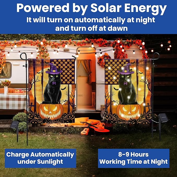 FLAGWIX Halloween Garden Flag - Solar Flag Light for Garden Decor 11.5"x17.5" - Fall Flags for Halloween Decorations, Black Cat Yard Flags for Fall Outdoor Decor, Outside Decorations for Yard