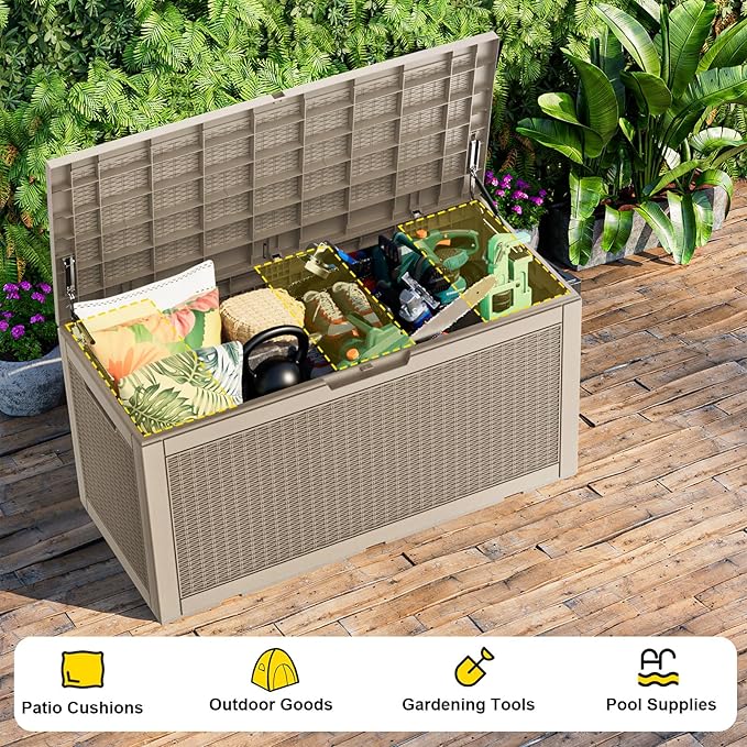 100 Gallon Outdoor Storage Box Waterproof, UV Resistant Resin Deck Box with Hydraulic Rod, Reinforced Stability for Patio, Garden, Rattan Gray