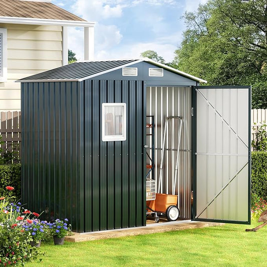 Breezz 6x4FT Outdoor Steel Storage Shed with Clear Window, Lockable Doors, Weather-Resistant Metal Tool Shed for Garden, Backyard, Patio, and Utility Storage